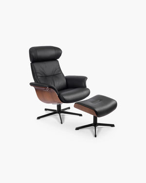 Relaxzetel TimeOut met voetenbank van Conform in zwart leder