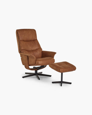 Relaxzetel met voetenbank in bruin stof