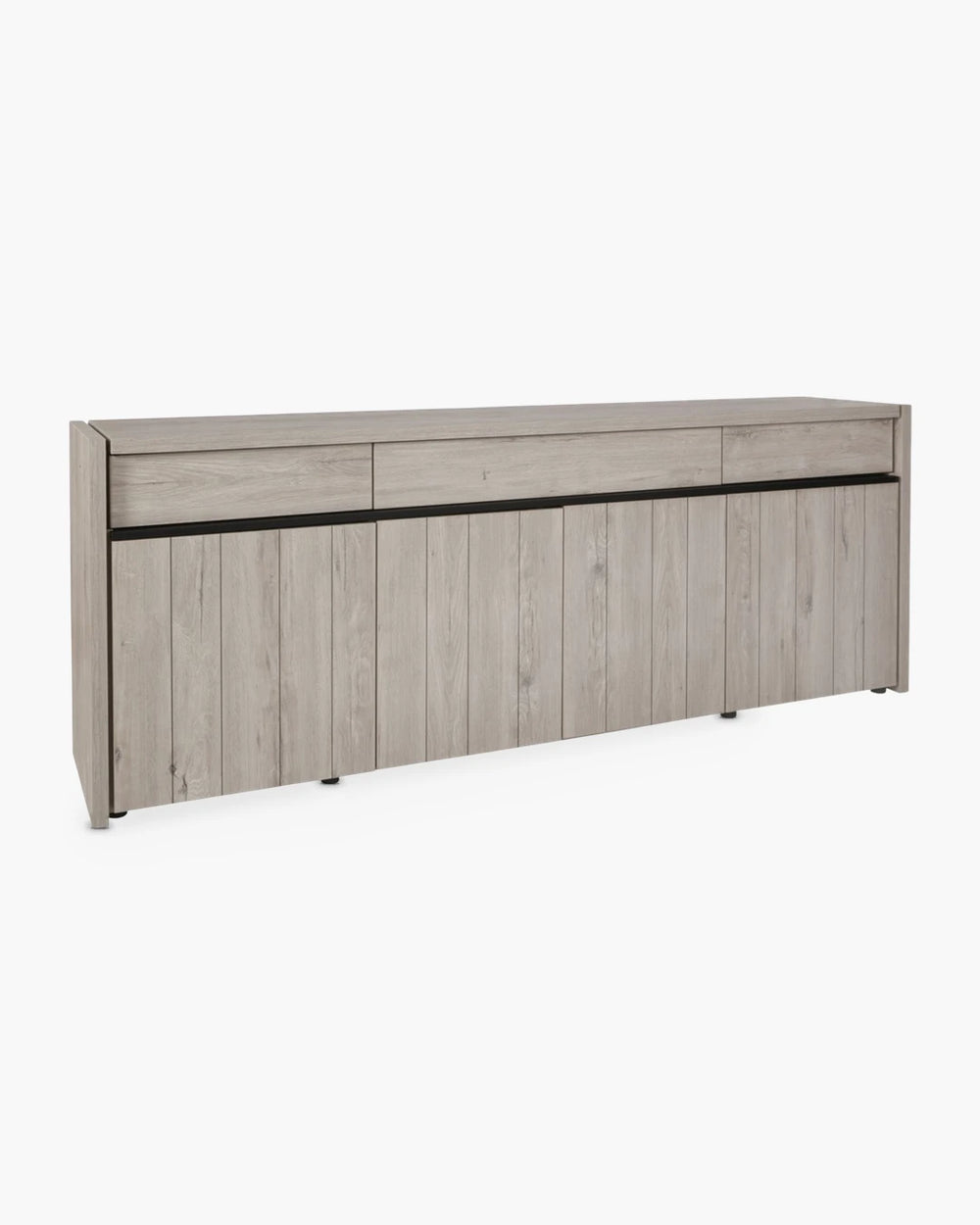 Dressoir in houtlook met zwarte elementen en verlichting