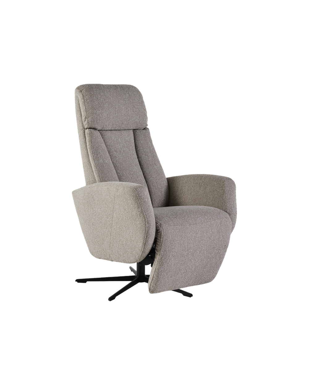 Relaxfauteuil in taupegrijze geweven stof met lange voetensteun en zwart metalen draaivoet