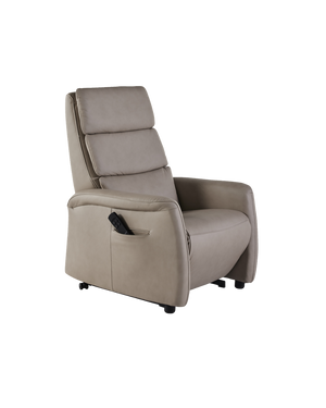 Taupekleurige relaxfauteuil met hoge, verstelbare rugleuning, en afstandsbediening.