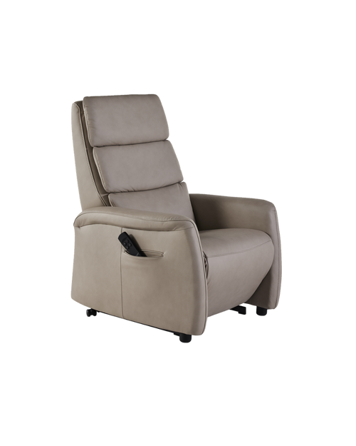 Taupekleurige relaxfauteuil met hoge, verstelbare rugleuning, en afstandsbediening.