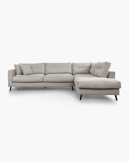 Hoeksalon met longchair in grijs stof