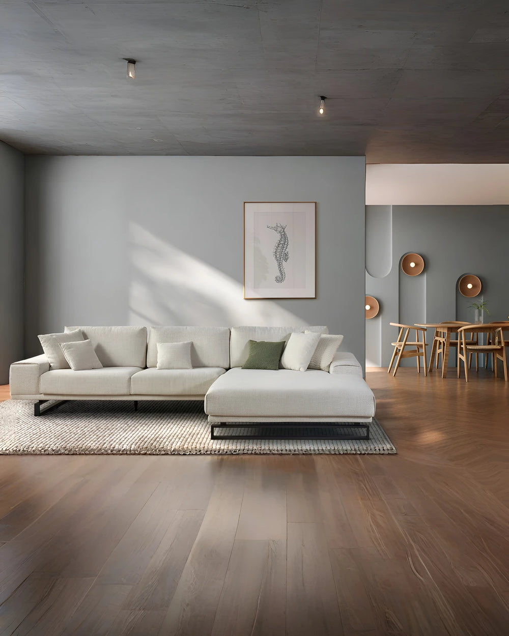 Hoeksalon met XL longchair in ecru stof
