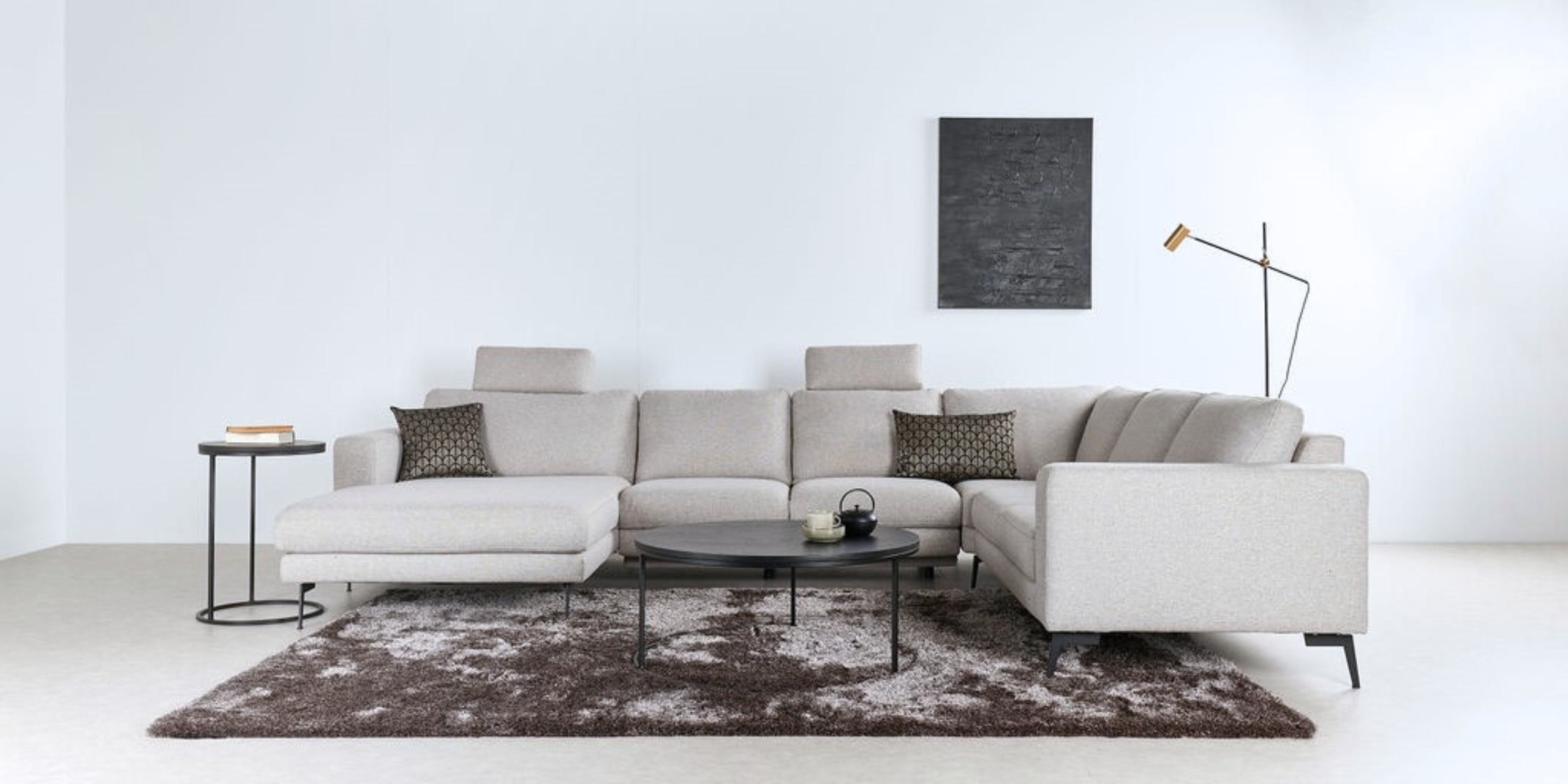 Hoeksalon U-vorm met relax (rechts) - Shell lichtgrijs