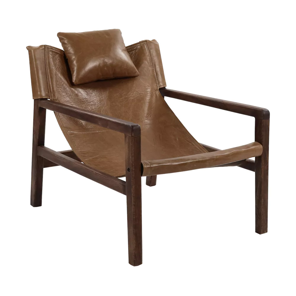 Retro fauteuil in mangohout en leder - bruin