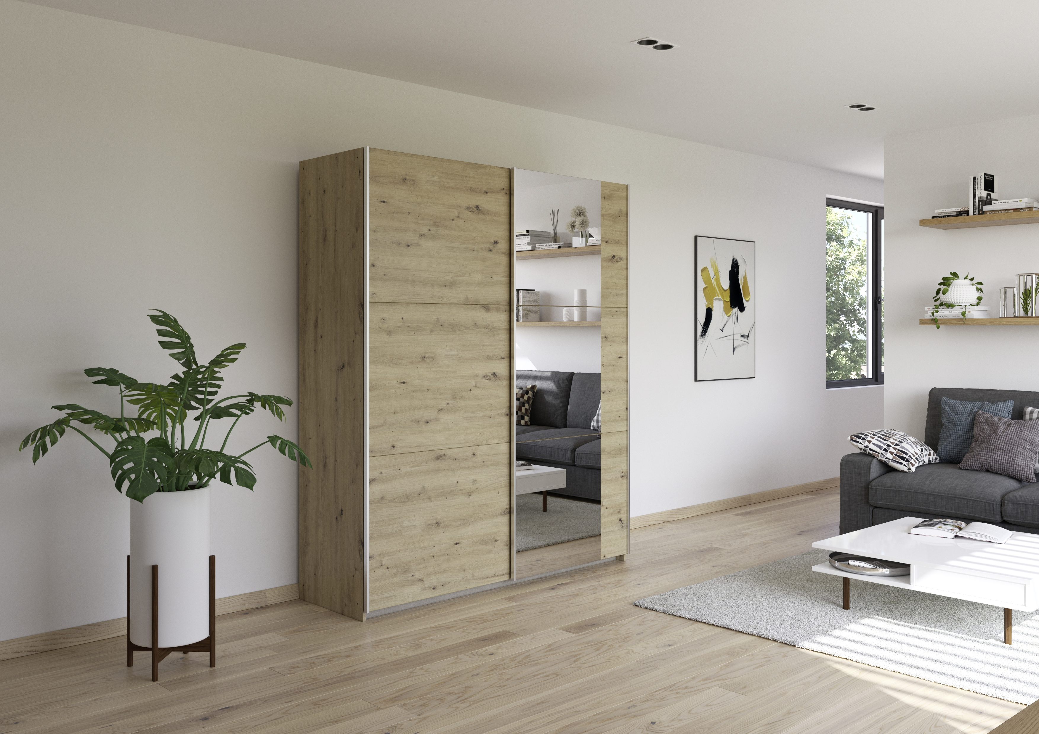 Schuifdeurkast met spiegel 175x210cm - natuur
