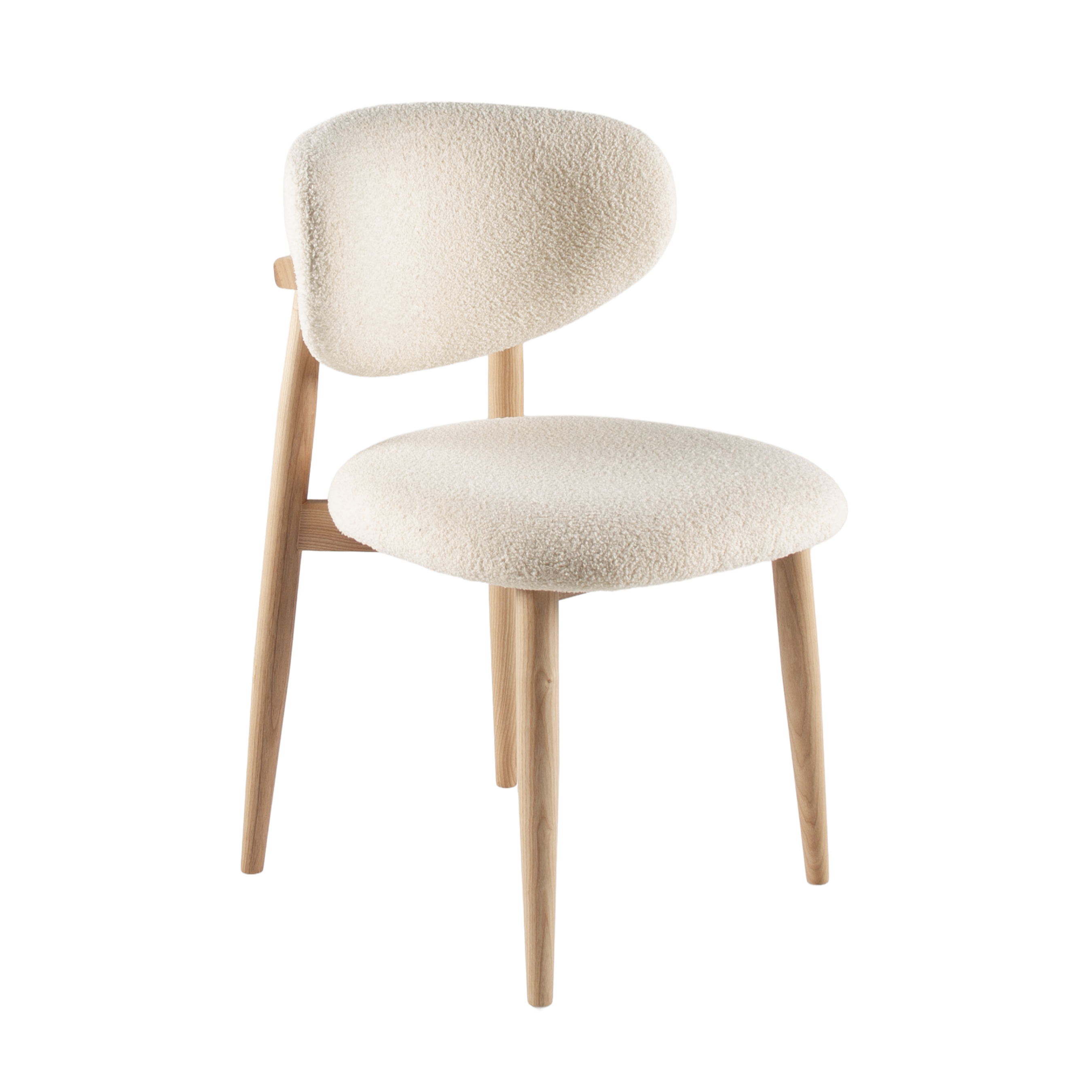 Houten eetkamerstoel met bouclé rug en zitting - natuur/wit