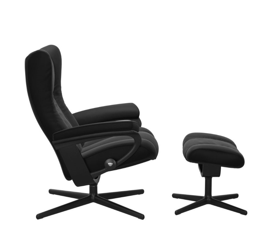 Relaxzetel Wing in leder met voetenbank - zwart