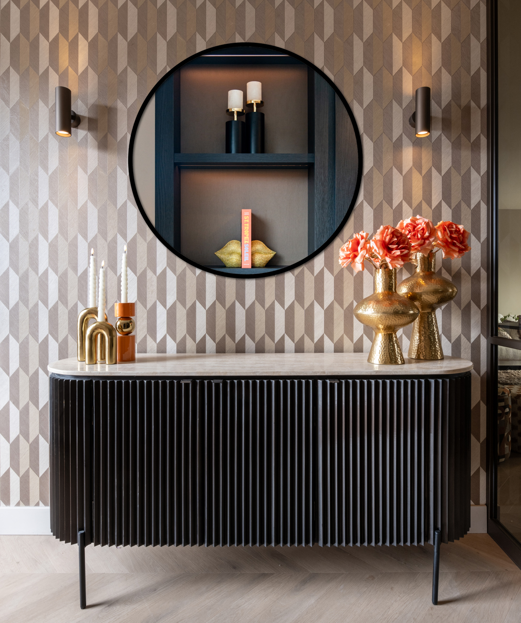 Dressoir Hampton - travertine/metaal/MDF donkerbruin