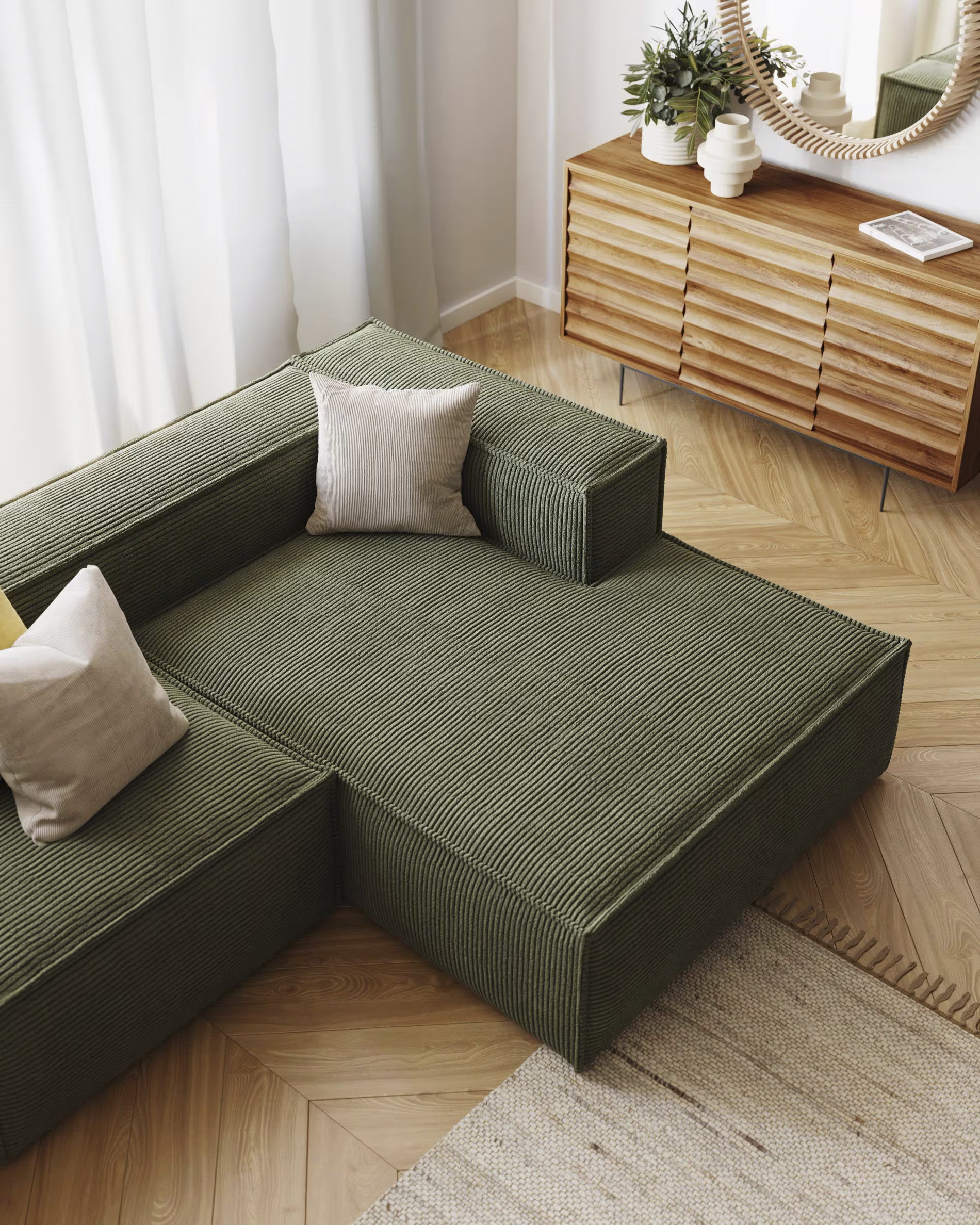Hoeksalon in ribfluweel met longchair (rechts) - donkergroen