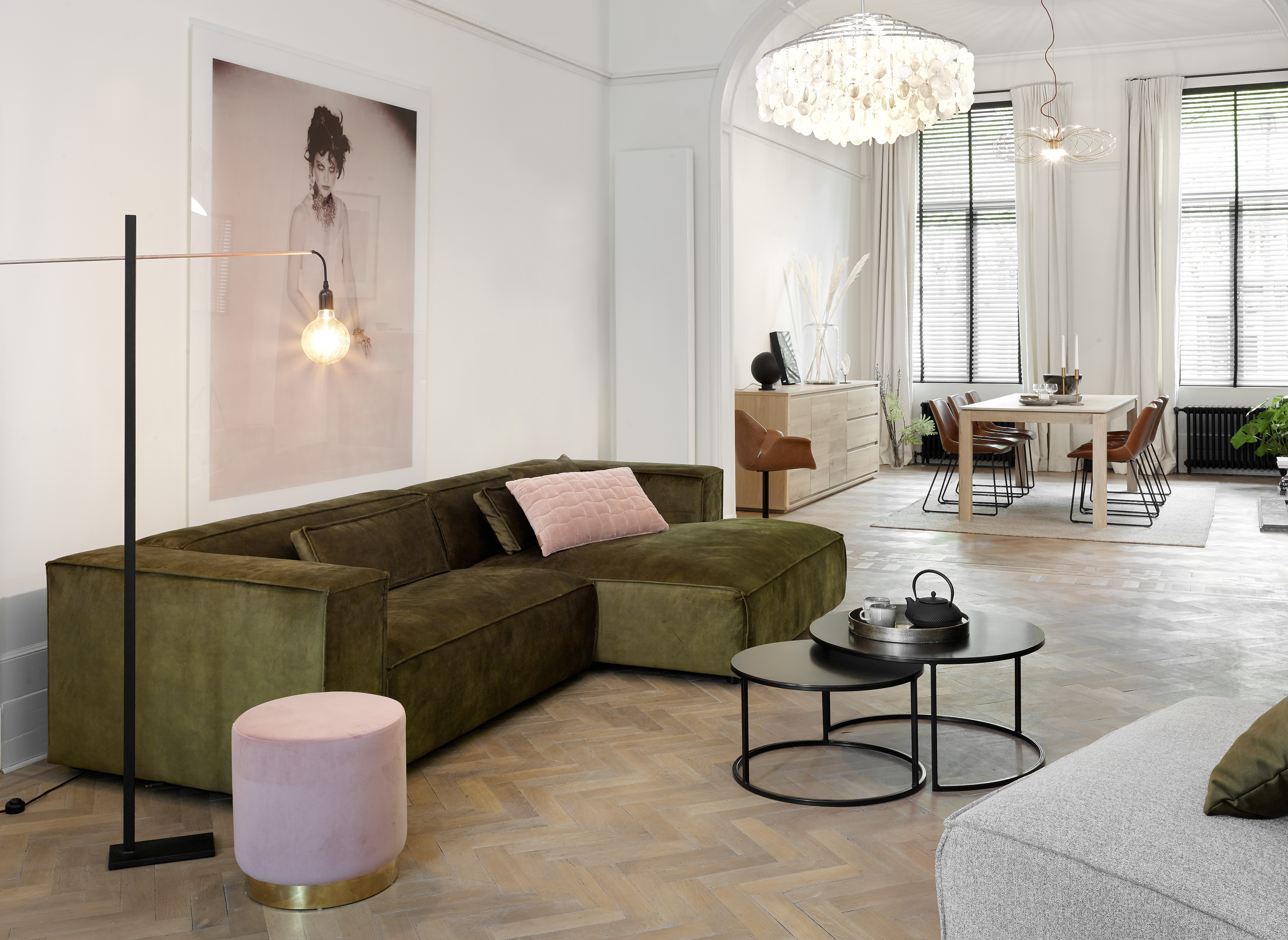 Velvet hoeksalon met longchair (rechts) - Moss groen