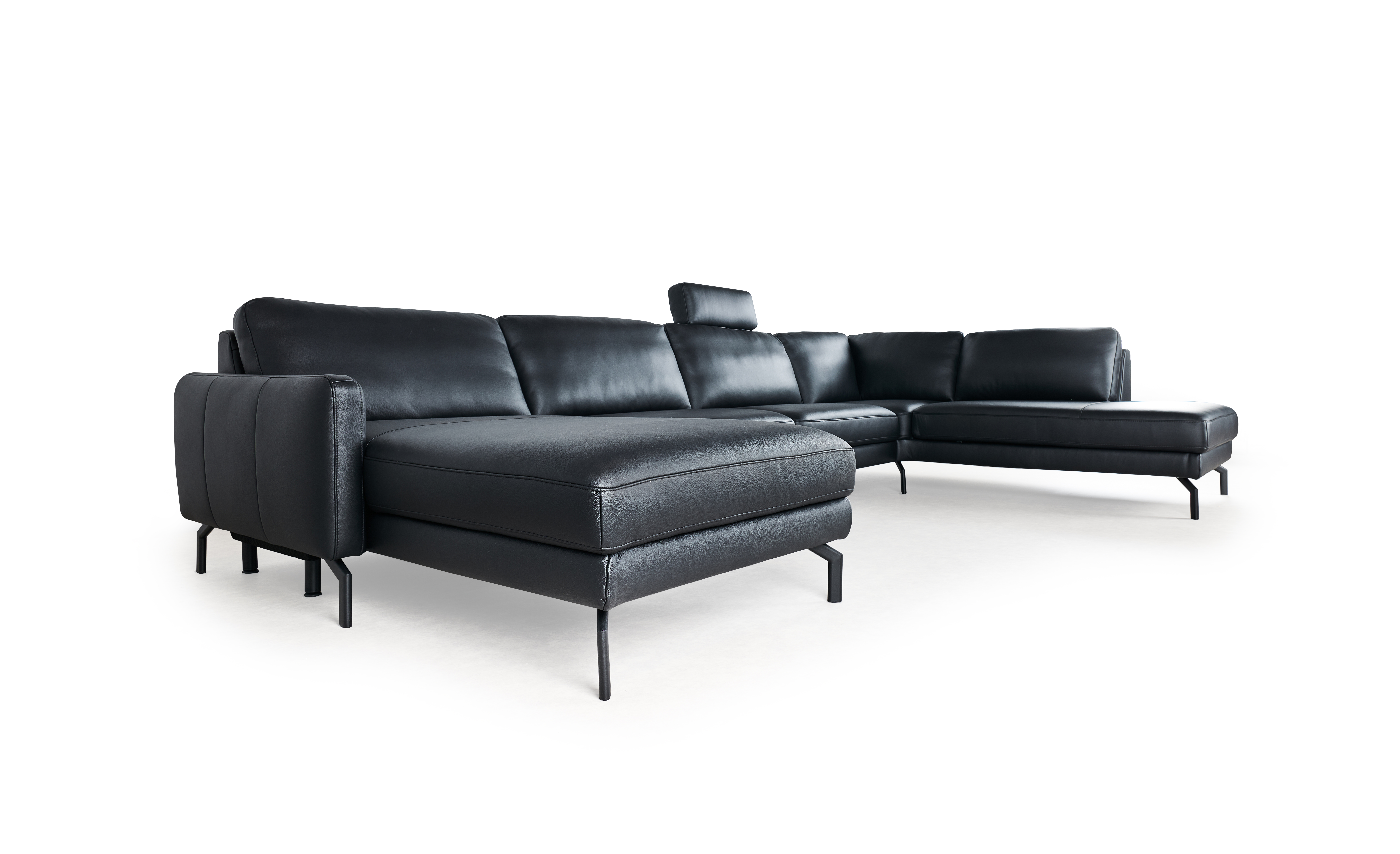 Hoeksalon U-vorm in leder met relax (rechts) - Nero zwart