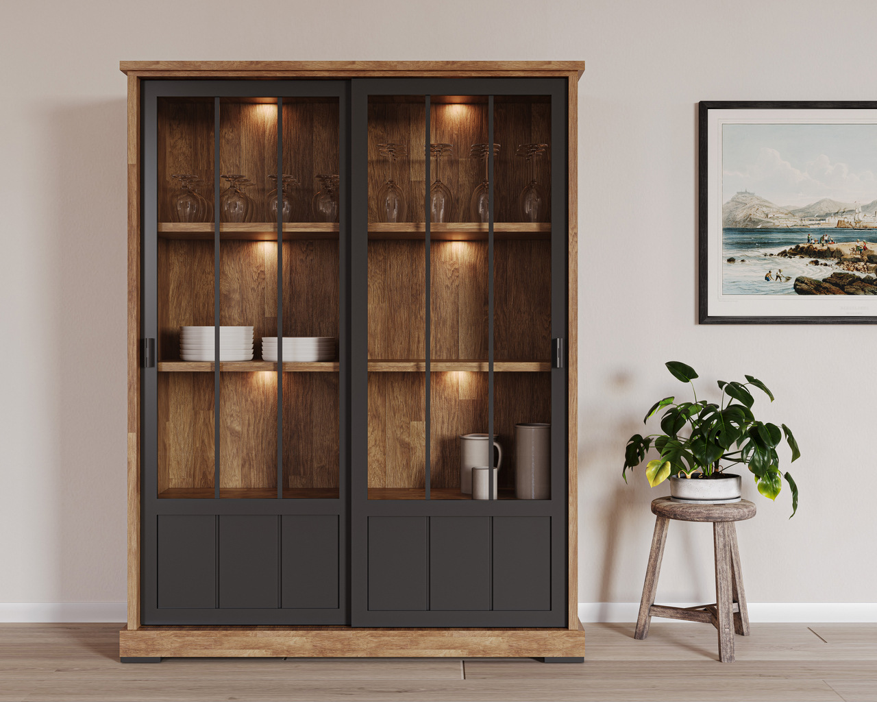 Barkast incl. verlichting - old teak/matt black