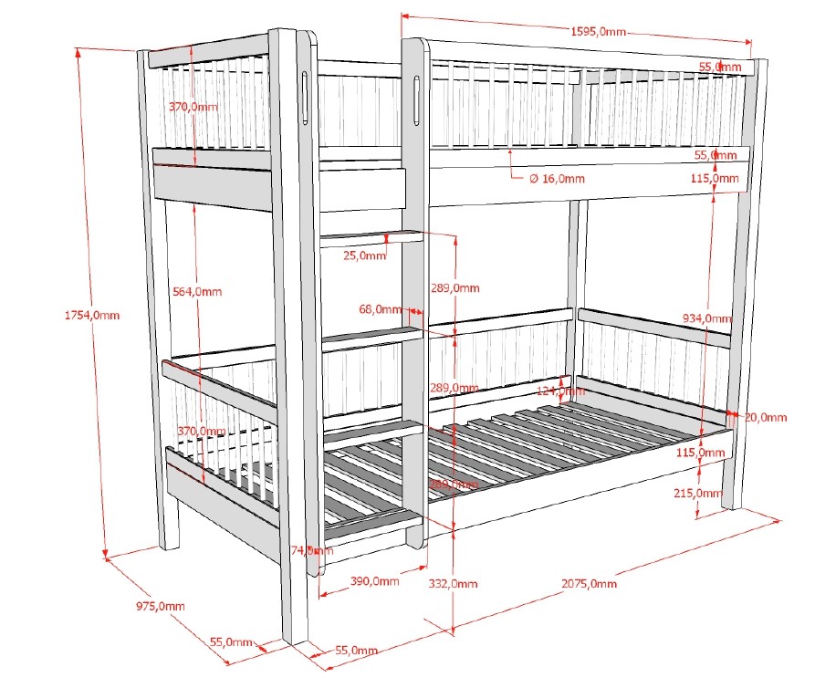 Stapelbed 90x200cm met rechte trap - oak