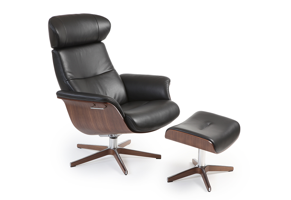 Relaxzetel TimeOut in leder met voetenbank - zwart/bruin