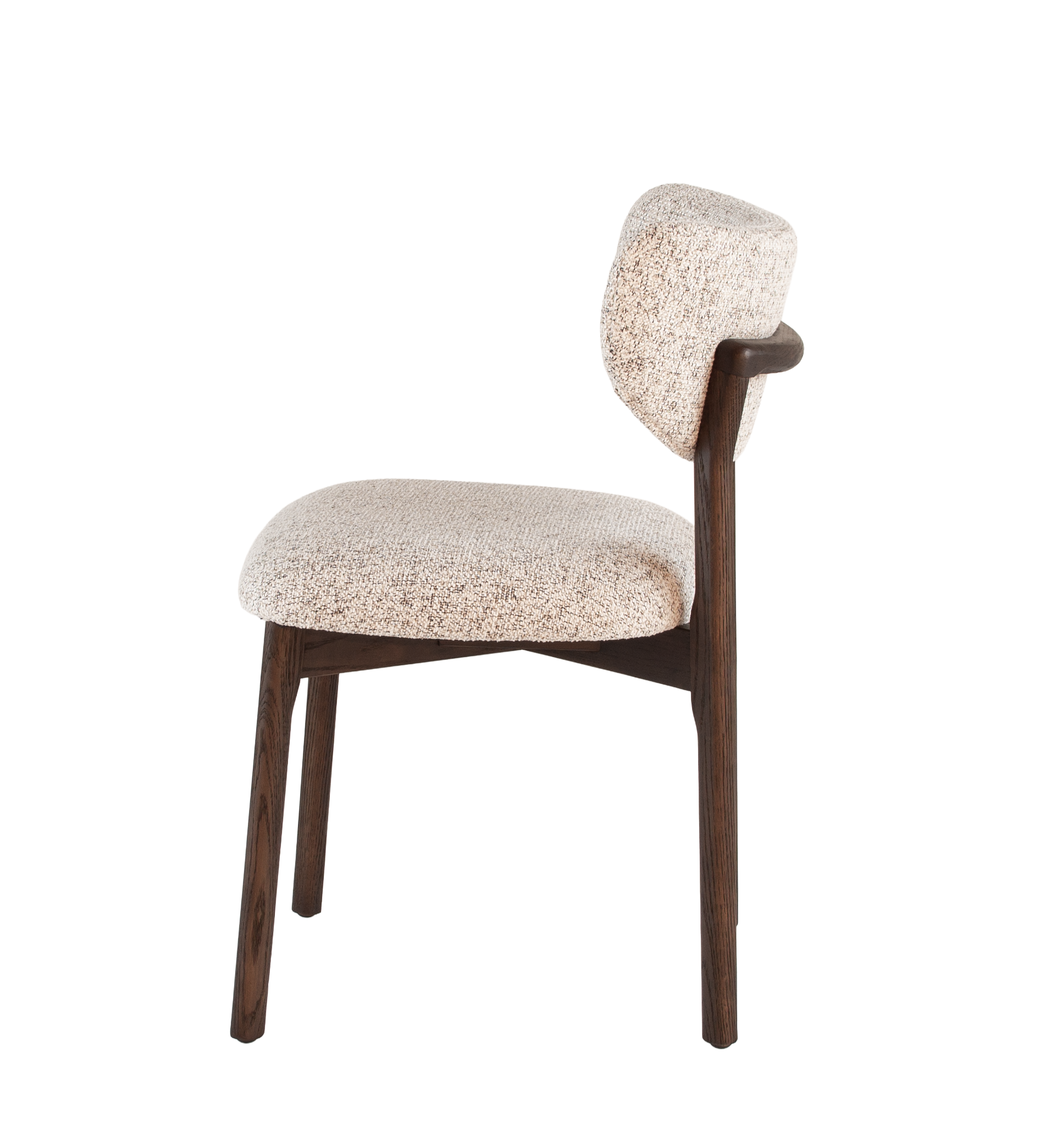 Houten eetkamerstoel met bouclé rug en zitting - beige/donkerbruin