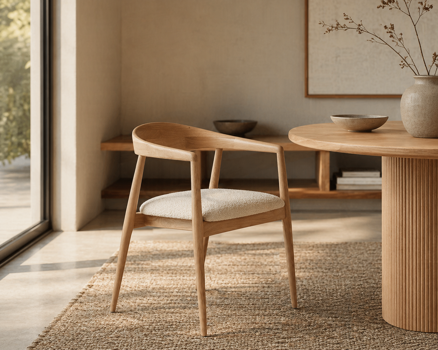 Houten armstoel met bouclé zitting - natuur eiken
