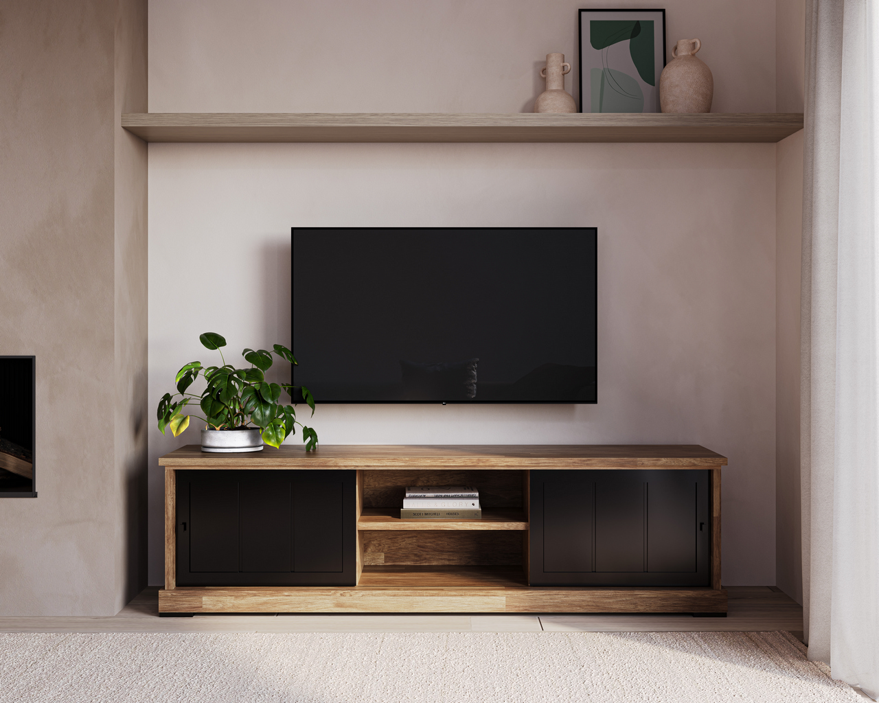 Tv meubel 209cm - old teak/matt black