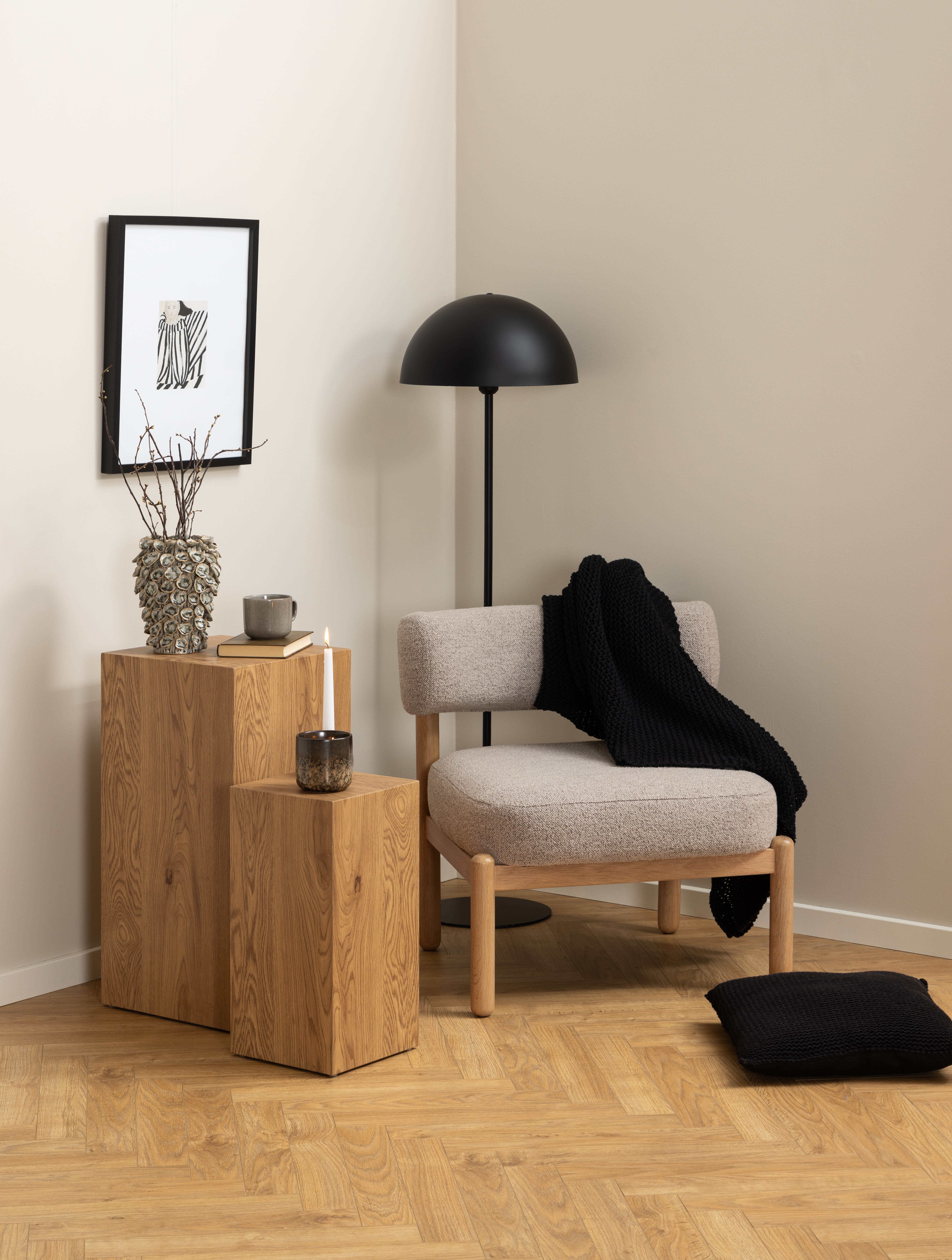 Fauteuil met bouclé zitting - natuur eiken/beige