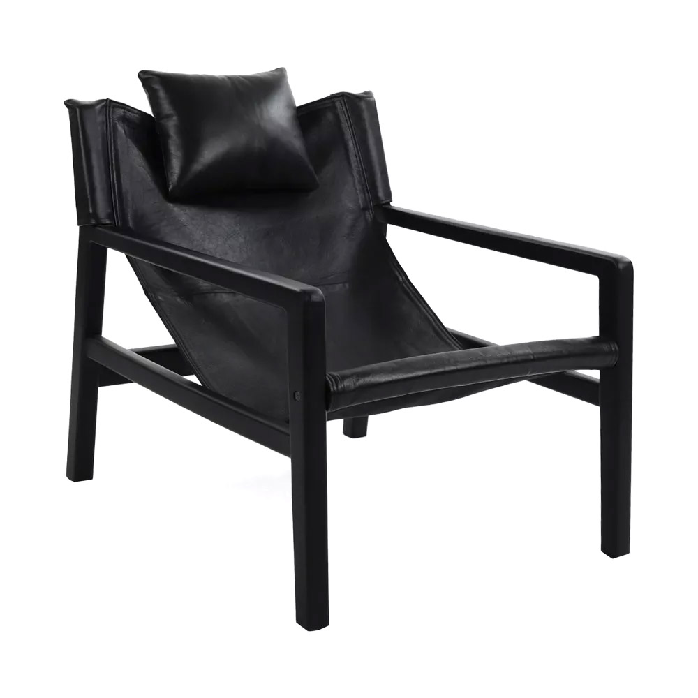 Retro fauteuil in mangohout en leder - zwart