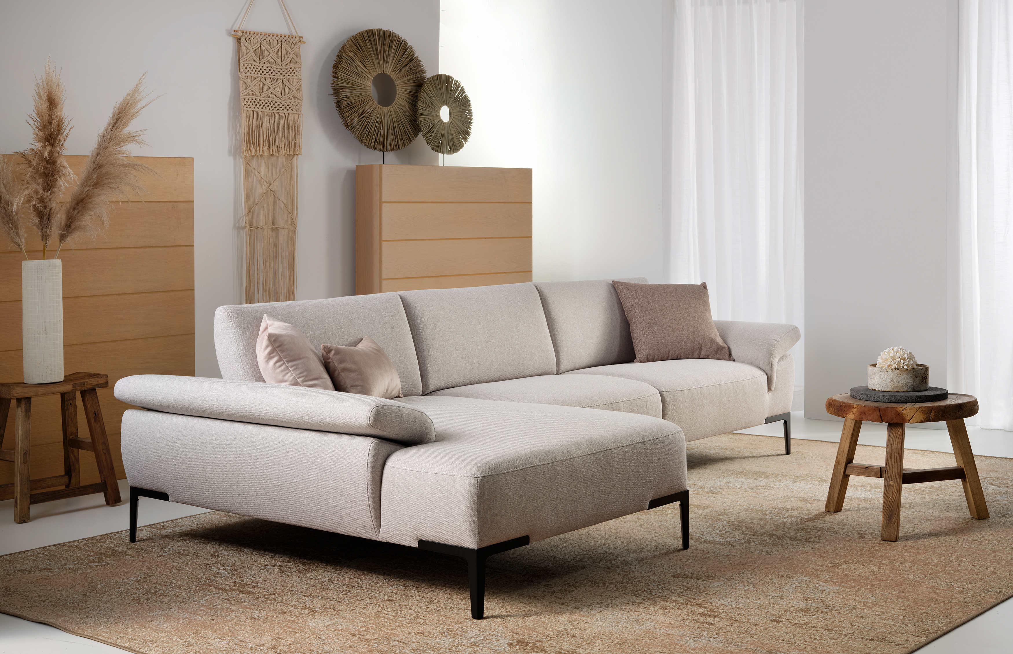 Hoeksalon met longchair (links) - Angora grijs
